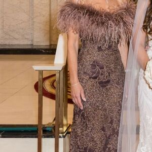 Jovani Brown Gown with Feather Detail